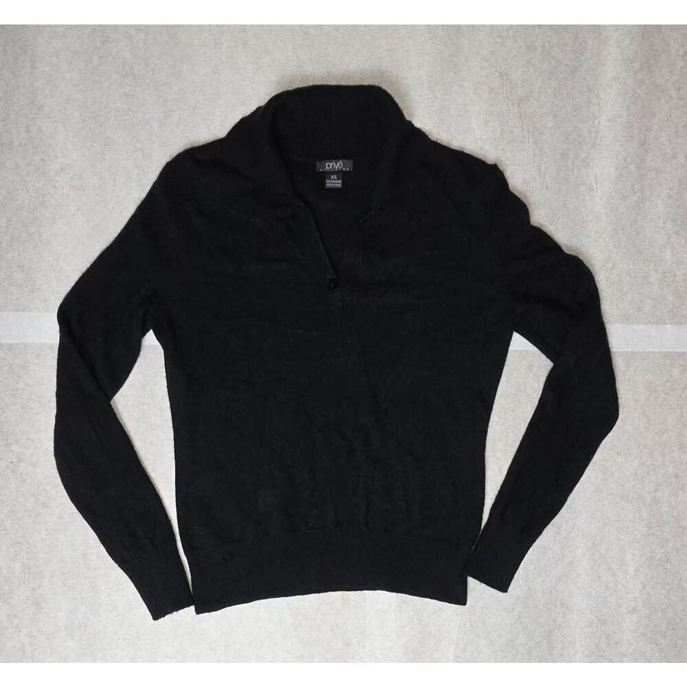 Prive 100% Cashmere Sweater Womens XS Black Collared Button V Neck